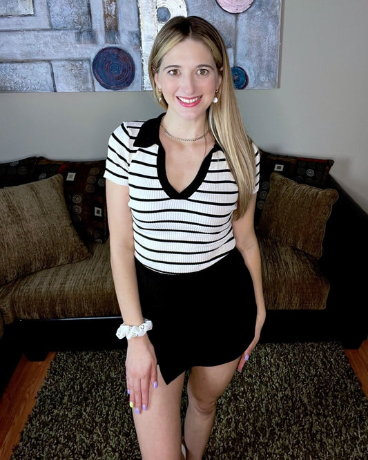 Sophisticated Chicness - Black & white striped collared knit blouse-T24175