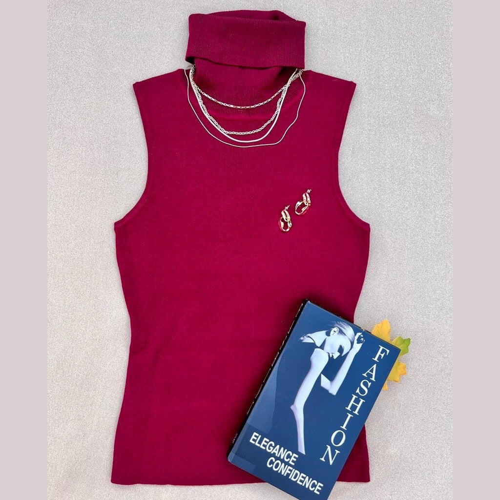 Rib-Knit burgundy turtleneck sweater top