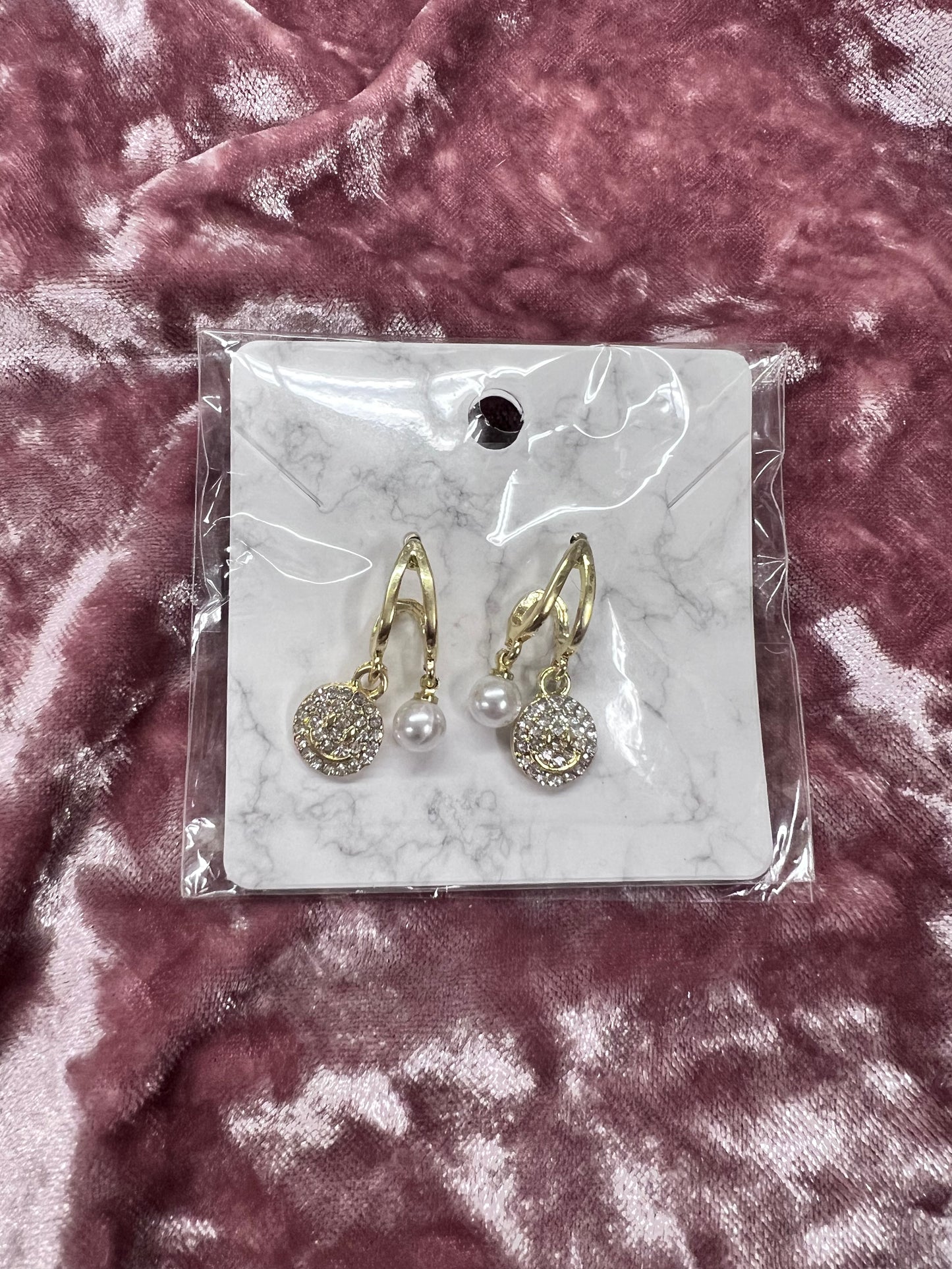 Gold Pearl Smiley Hoop Earrings