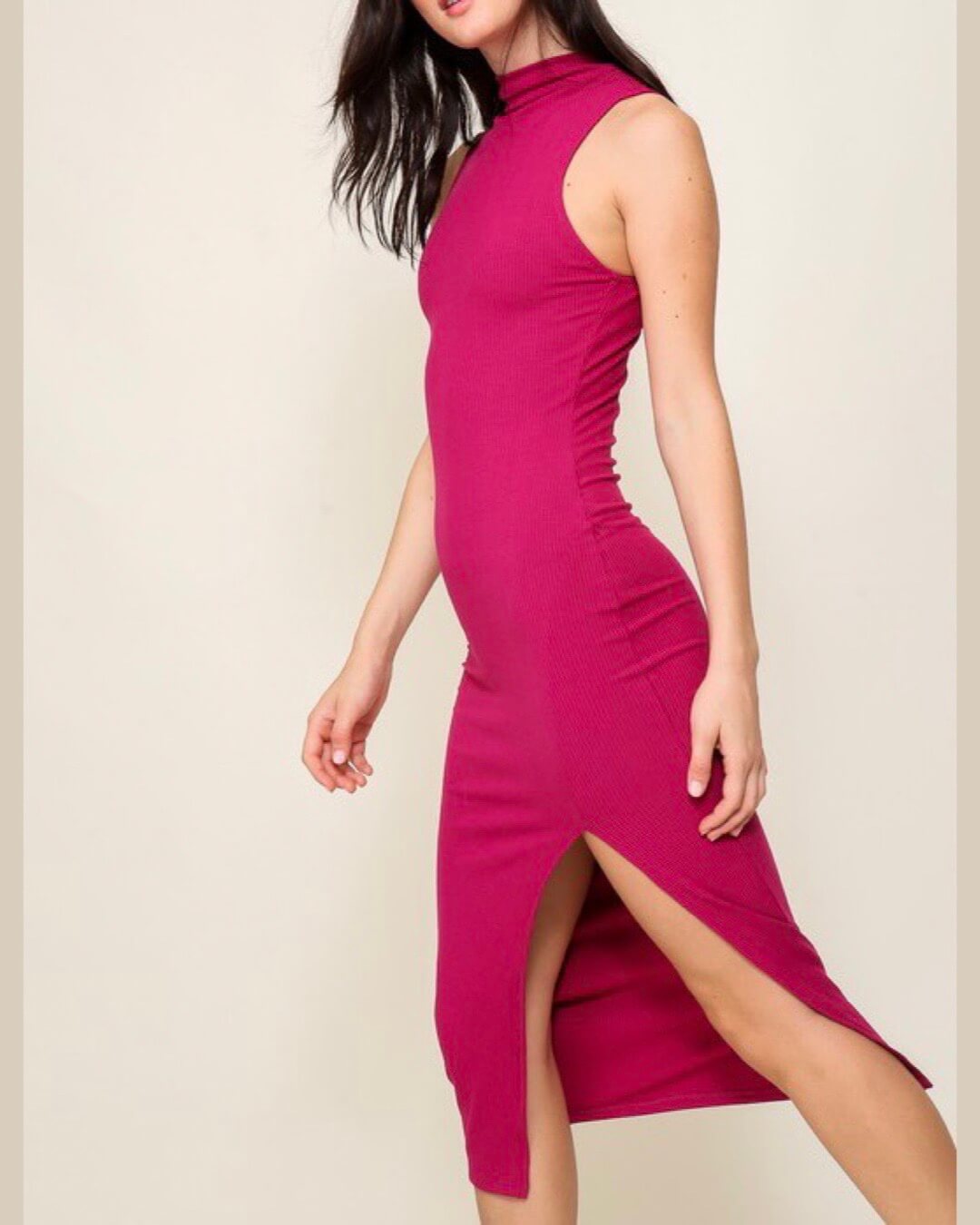 Sweet Boldness - Fuchsia turtleneck ribbed dress with side slit