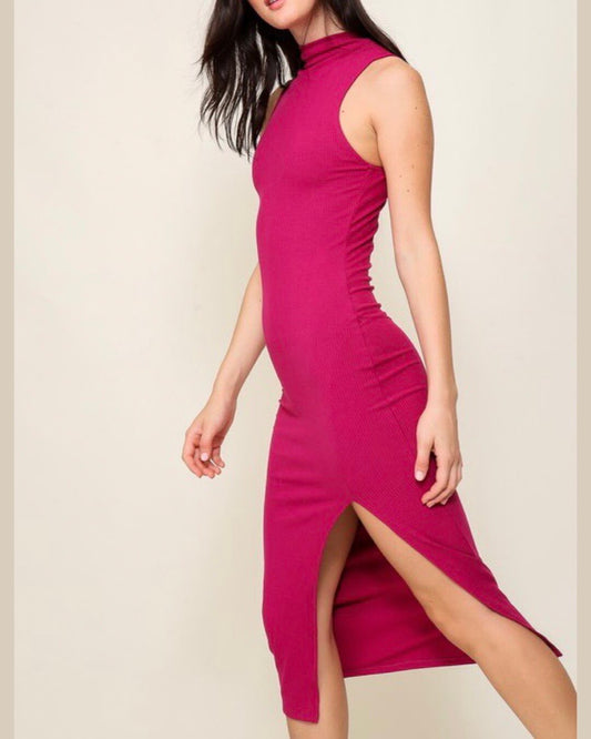 Sweet Boldness - Fuchsia turtleneck ribbed dress with side slit