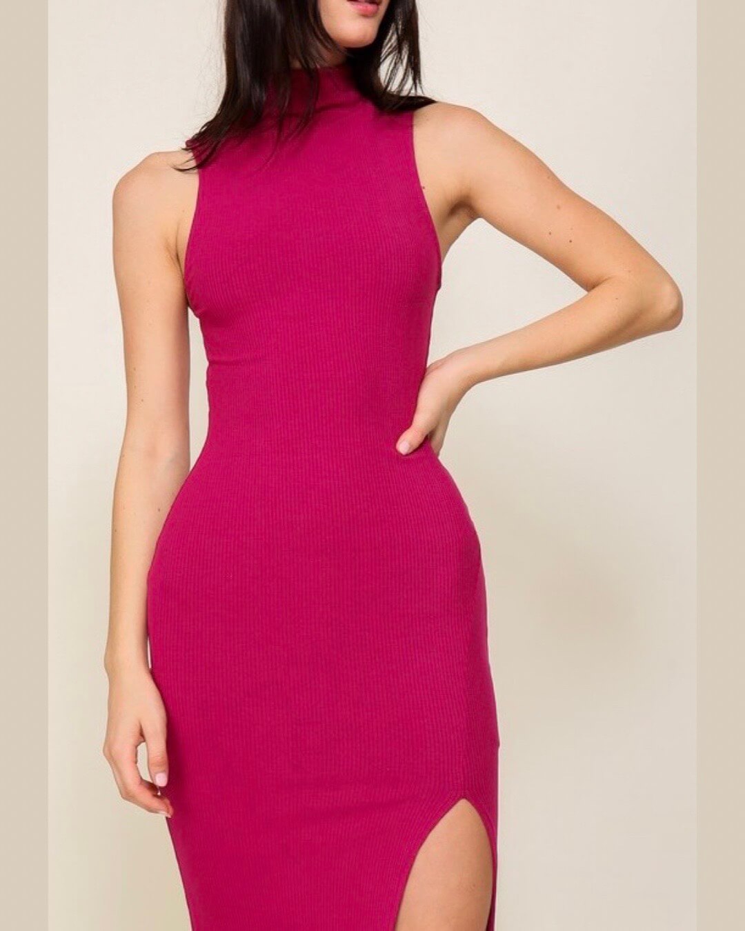 Sweet Boldness - Fuchsia turtleneck ribbed dress with side slit