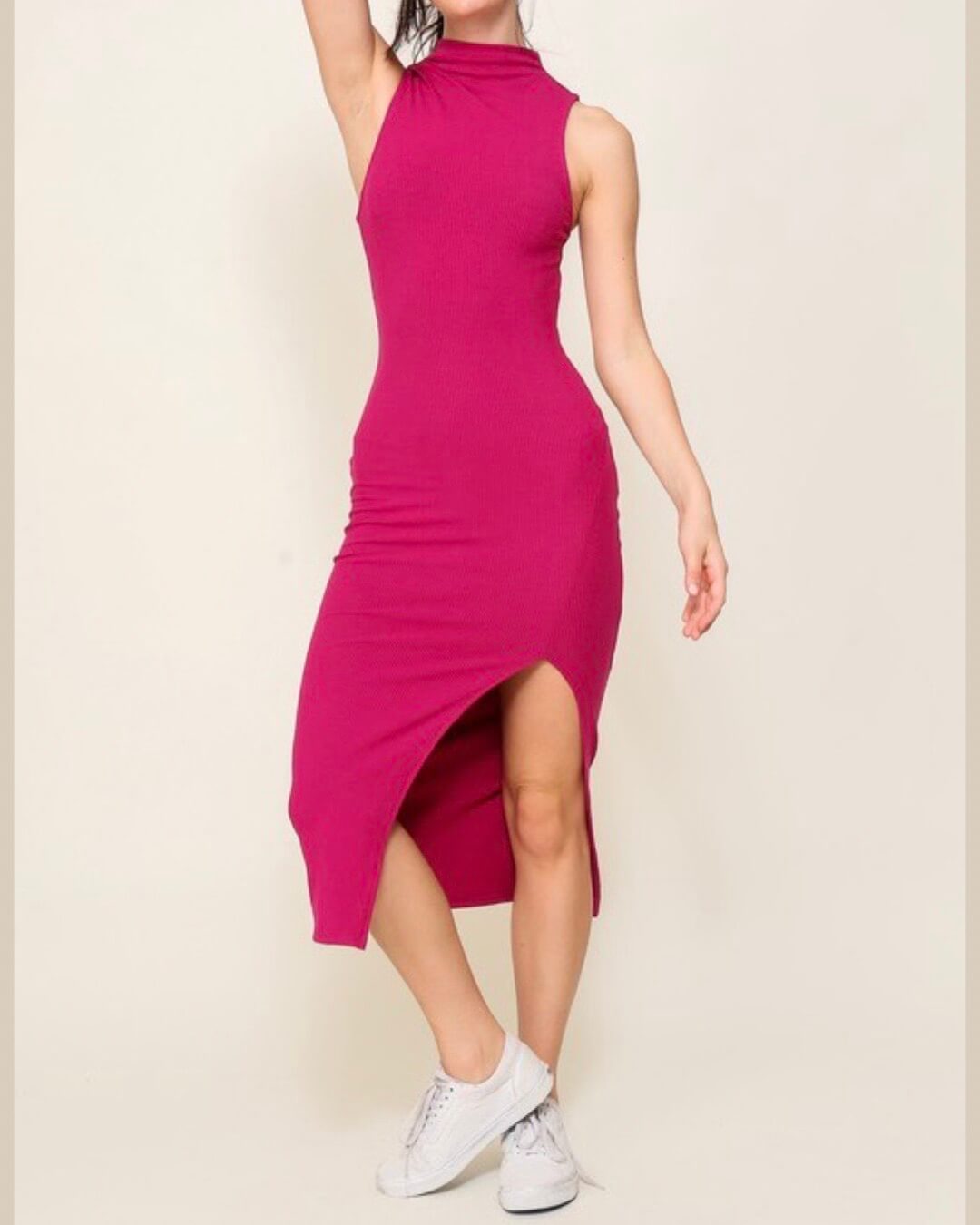 Sweet Boldness - Fuchsia turtleneck ribbed dress with side slit