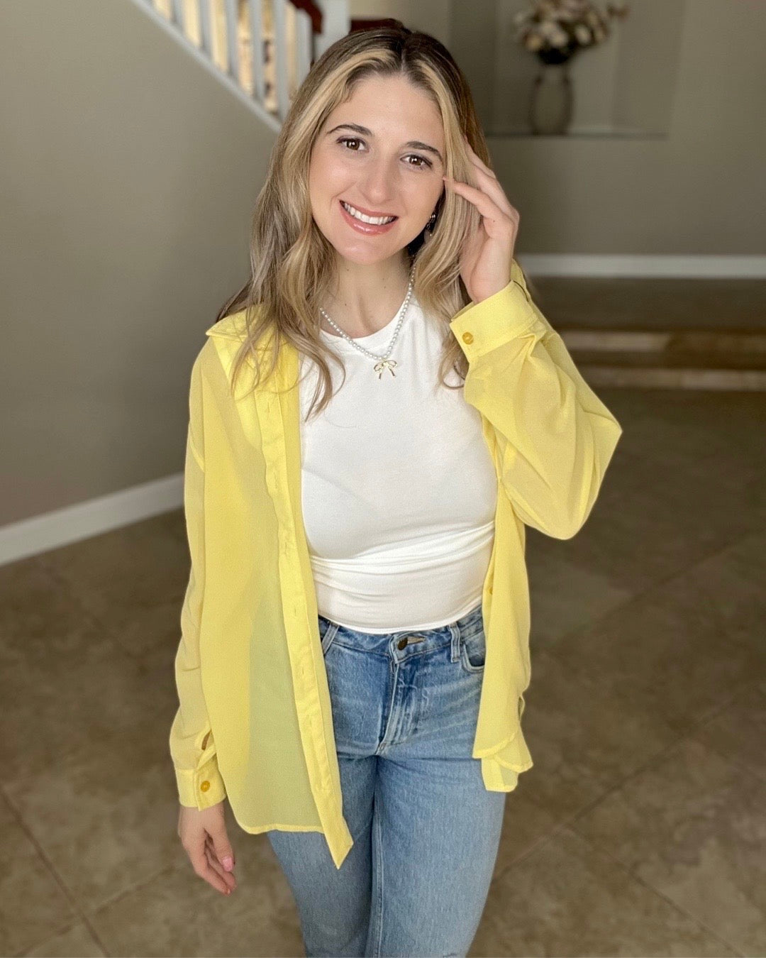 Yellow button down sheer blouse. spring and summer top