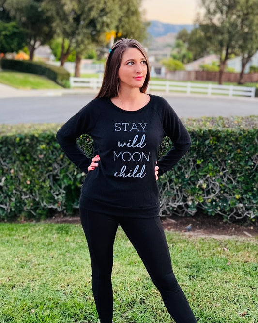 Stay Wild Moon Child - Black fleece oversized black open back long sleeve - T2017