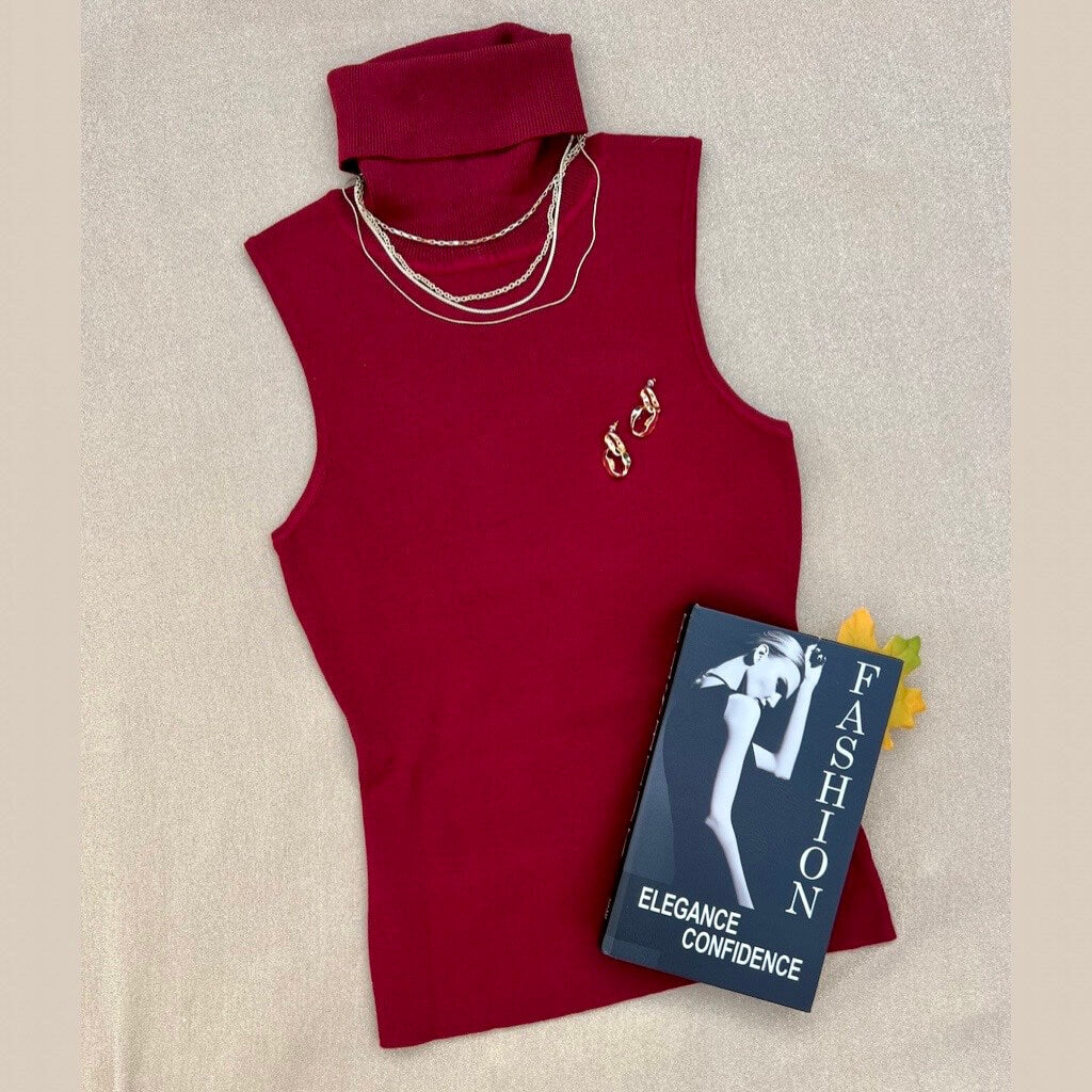 Rib knit burgundy sweater tank top with gold jewelry