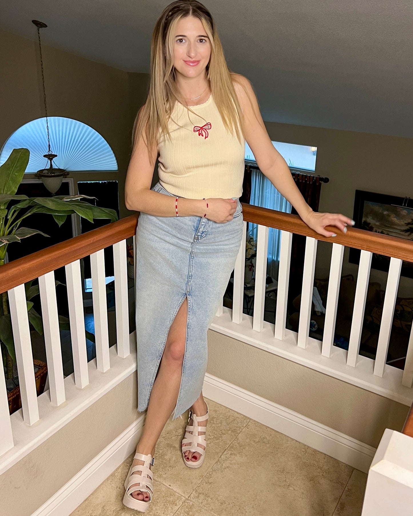 Coquette Charmer - Cream Ribbed Tank With Red Embroidered Bow