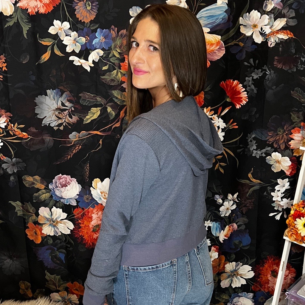 At Midnight Cool Gray Waffle Knit Zip Up Hoodie
