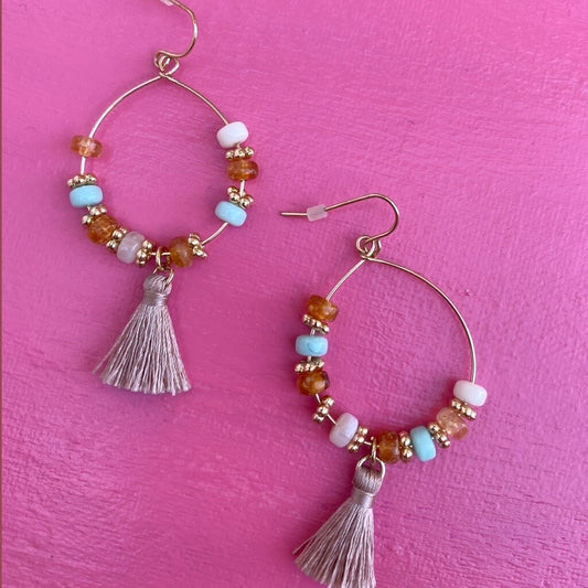 Coastal Rose - Pink Beaded Tassel Earrings