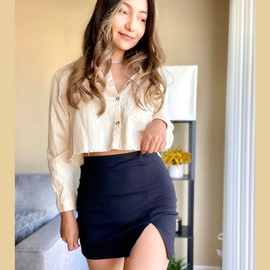 Own the Night Black Split Hem Bodycon Mini Skirt - B2245