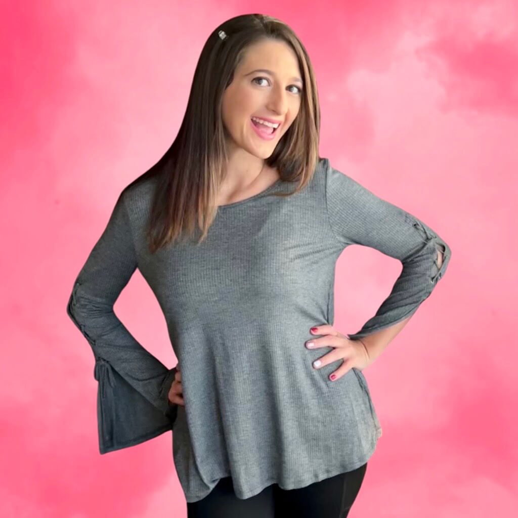 Bohemian Belle Charcoal Gray Ribbed Bell Sleeve Blouse -T2019