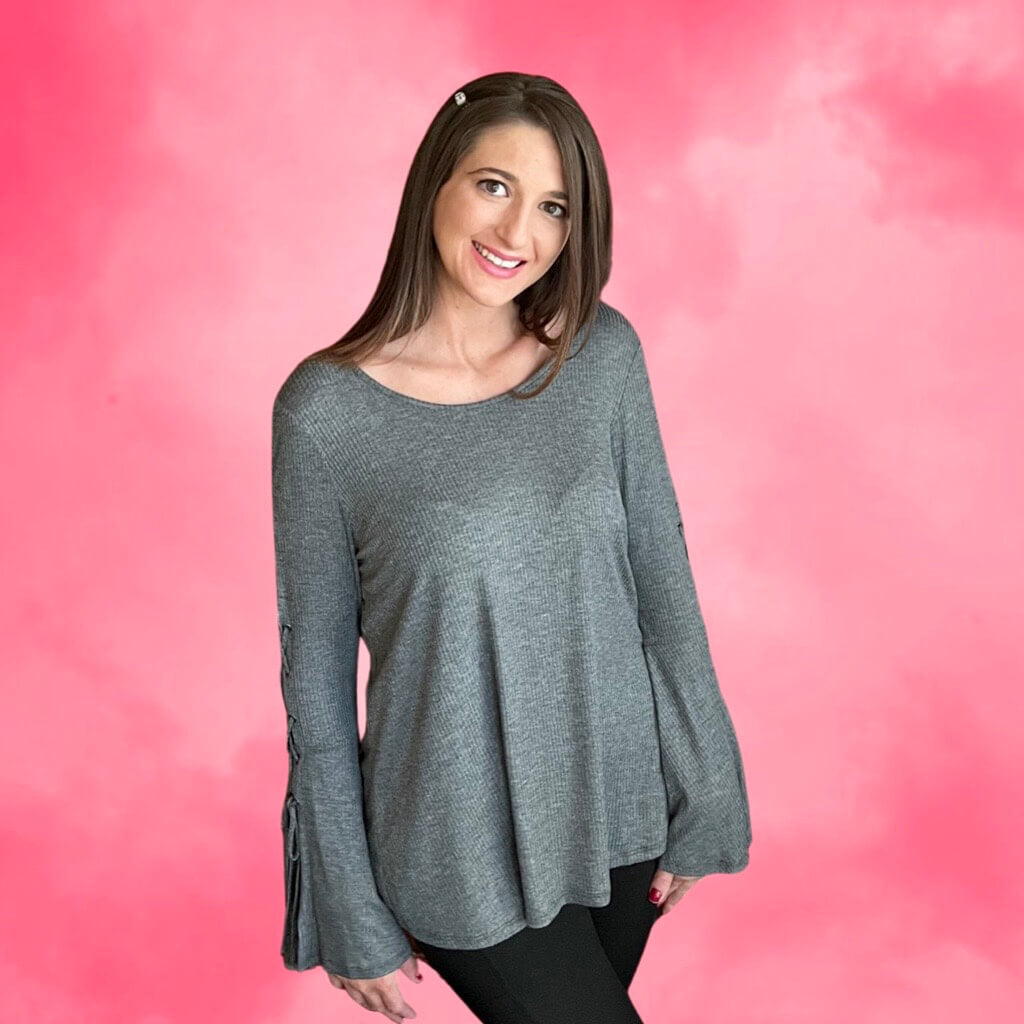 Bohemian Belle Charcoal Gray Ribbed Bell Sleeve Blouse -T2019