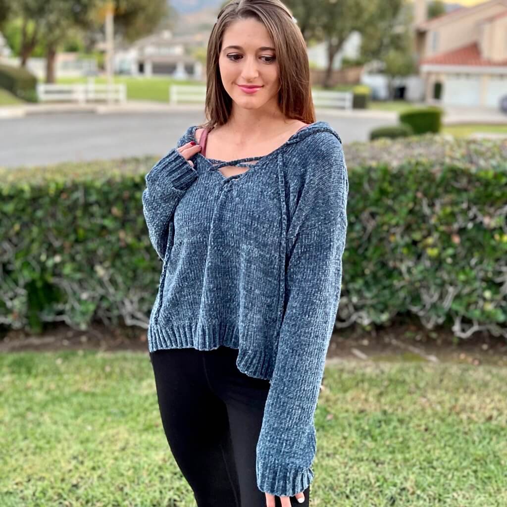 Cozy Encounters- Turquoise Chenille Hoodie [FINAL SALE}