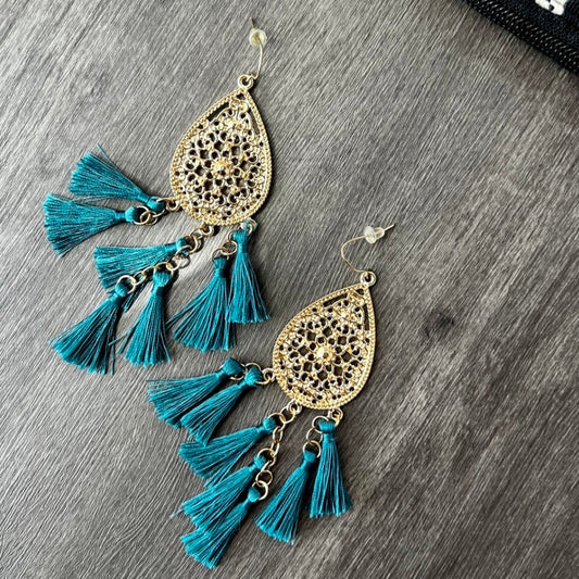 Regal Teal Tassel Drops - Earrings