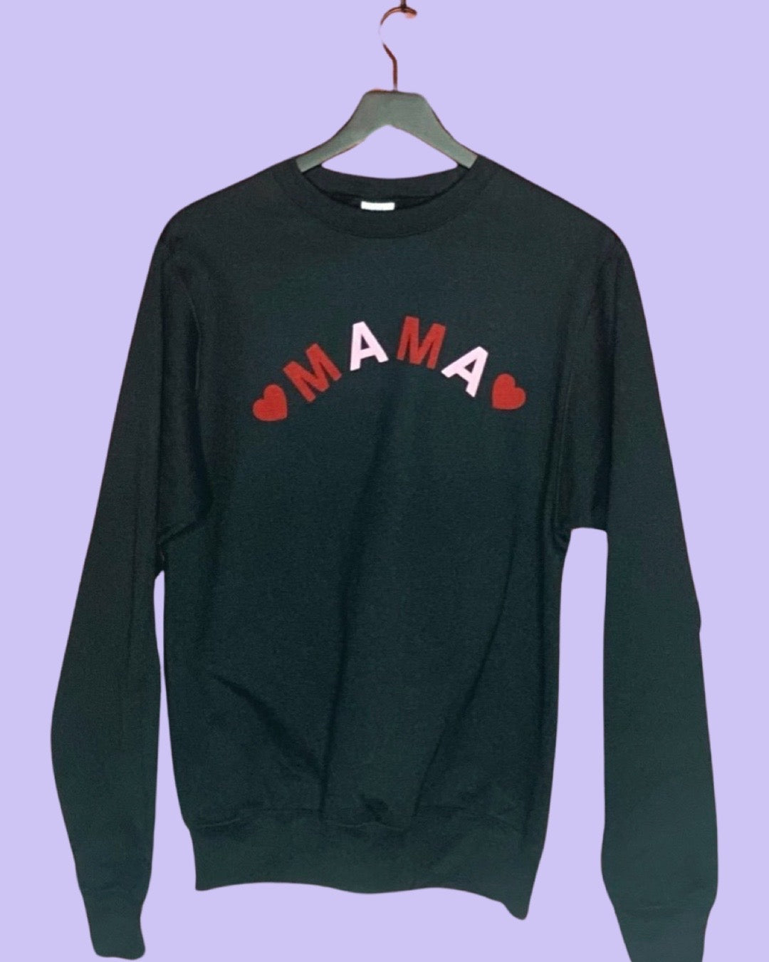 Black cotton crewneck with the word mama and two hearts. New mom gift