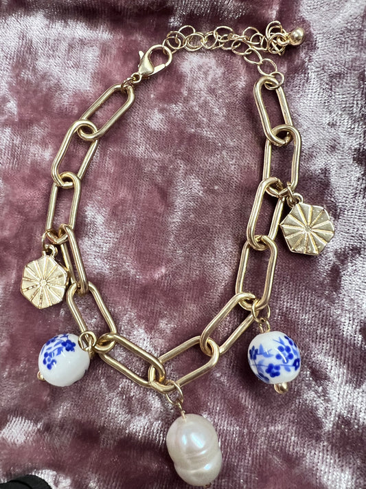 Blue Flower Beaded Chain Bracelet