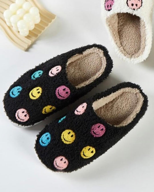 Preppy Times - Smiley Face Black Slippers with a rubber sole