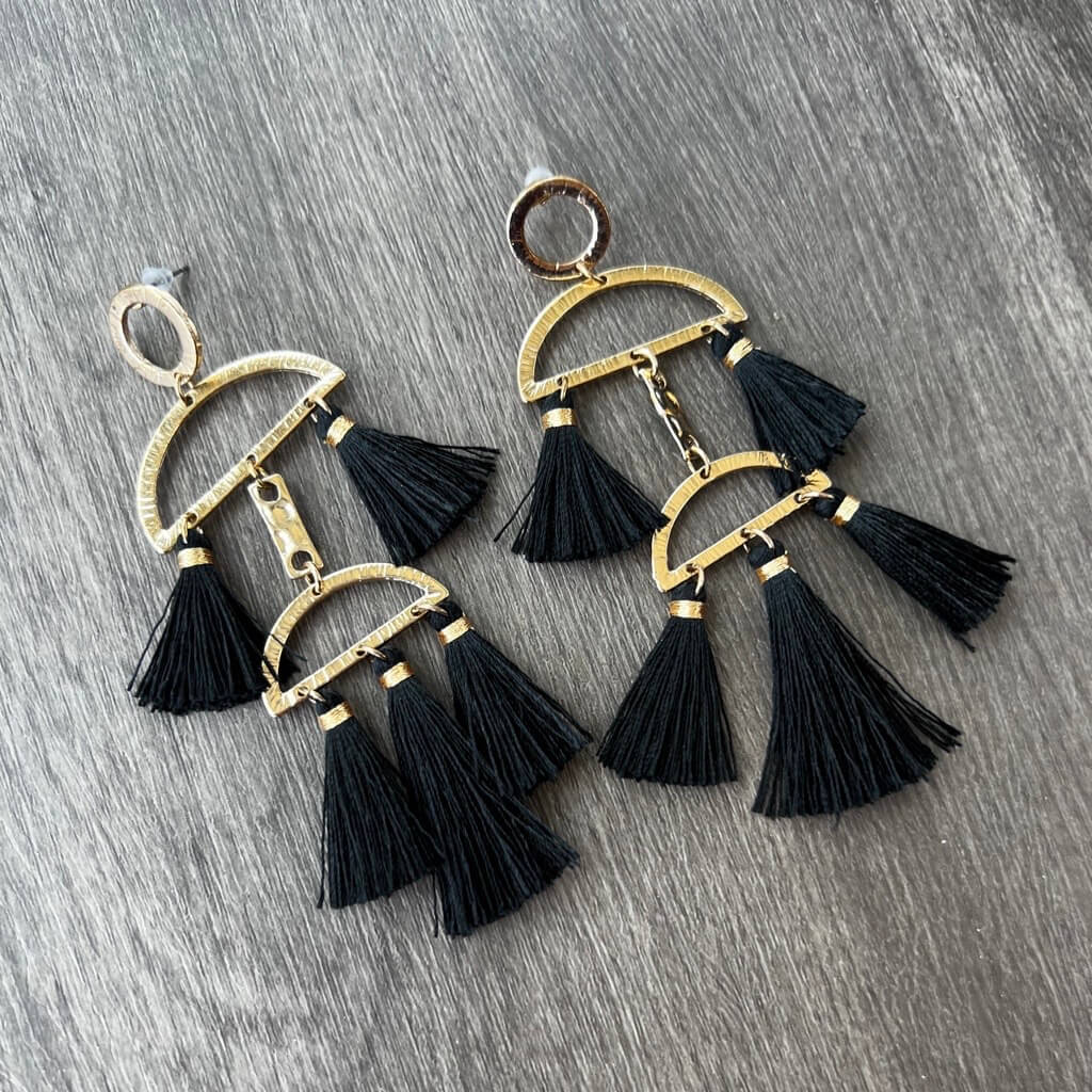 Center Stage Tassel Statement Earrings - Black or Tan