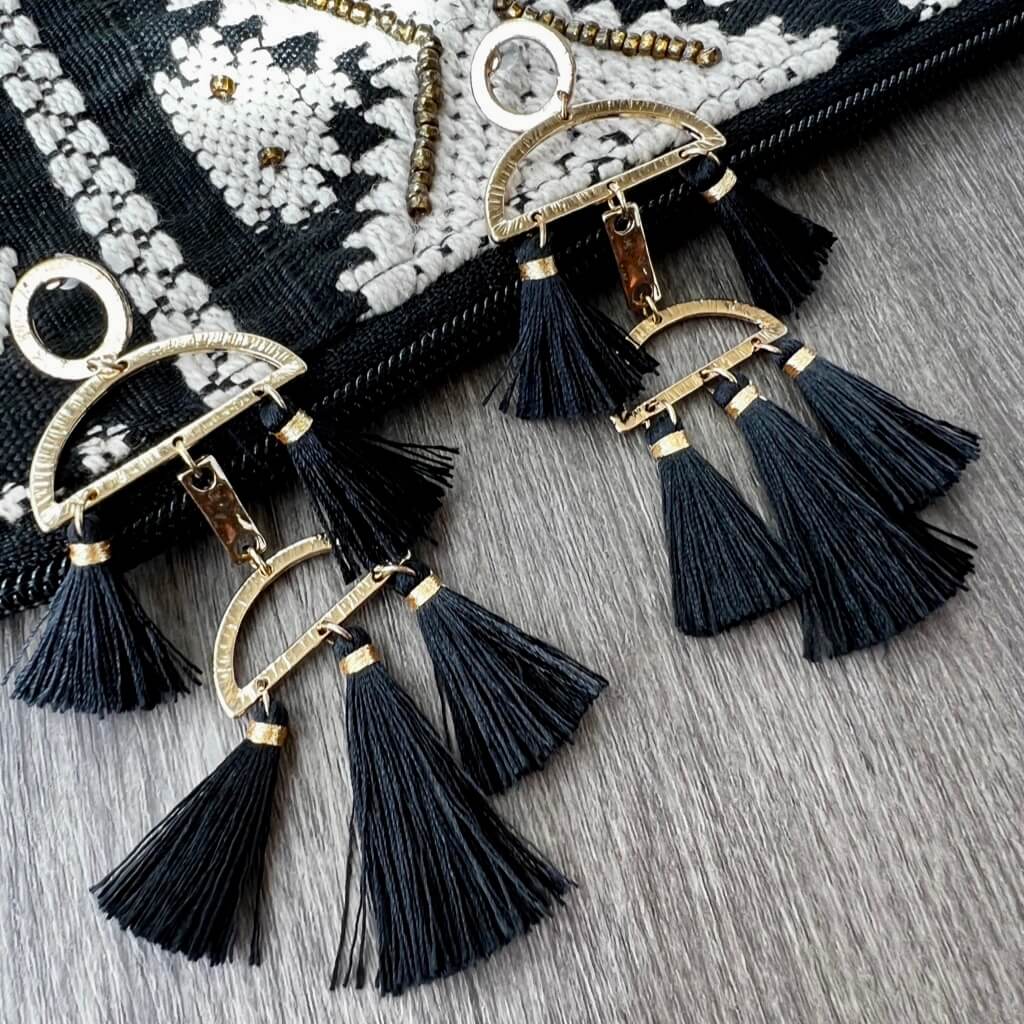 Center Stage Tassel Statement Earrings - Black or Tan