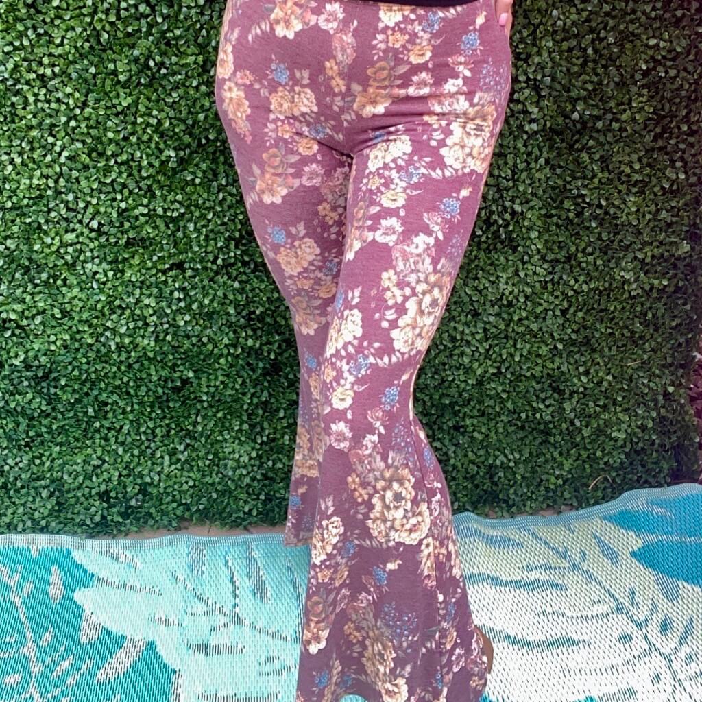 Full Bloom Dusty Burgundy Floral Flare Pants - B2021