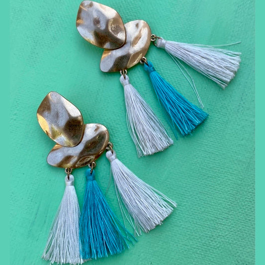 Golden Statement Earrings with turquoise and white fringe