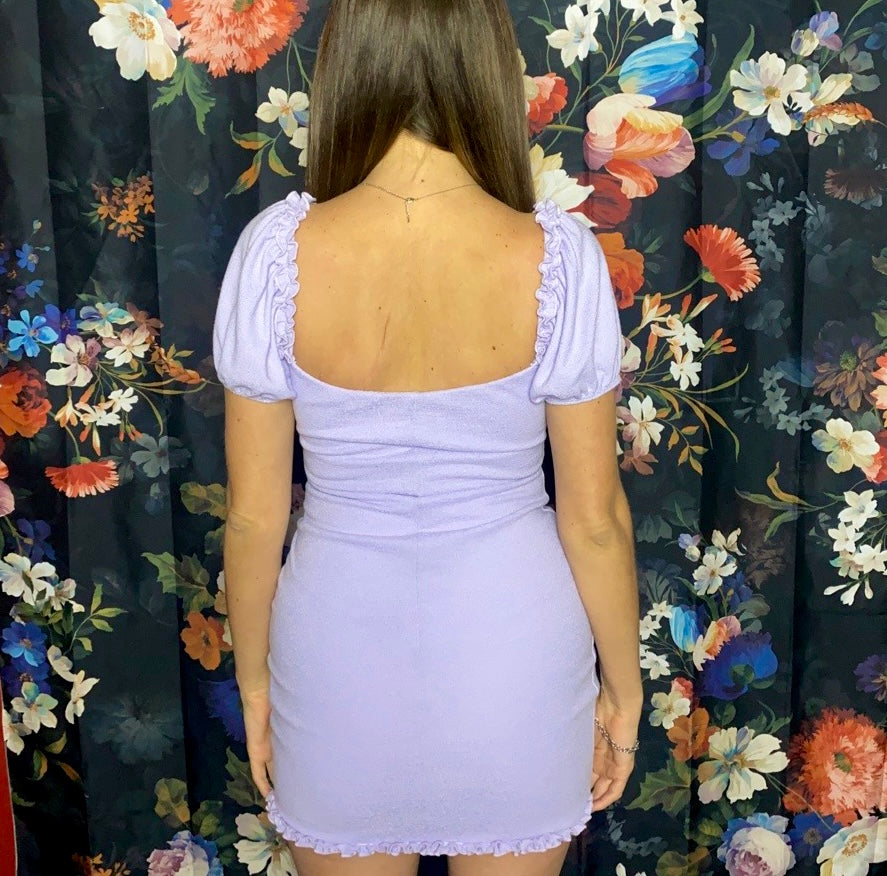 Lilac Graces Textured Ruffle Trim Puff Sleeve Bodycon Mini Dress - D2236