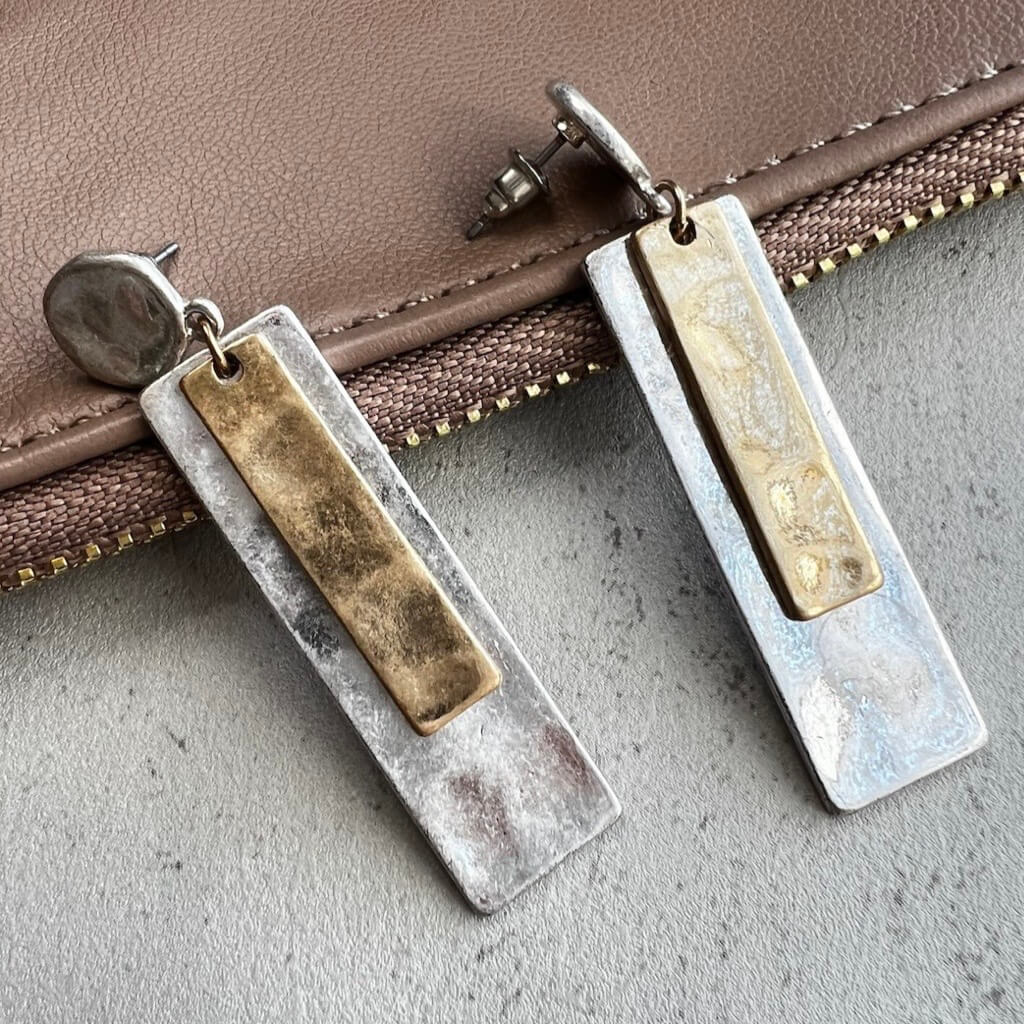 In the Wind - Rustic gold and silver rectangle bar earrings