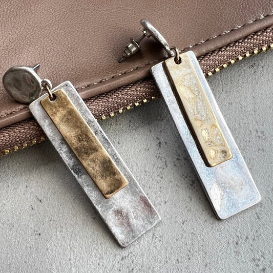 In the Wind - Rustic gold and silver rectangle bar earrings