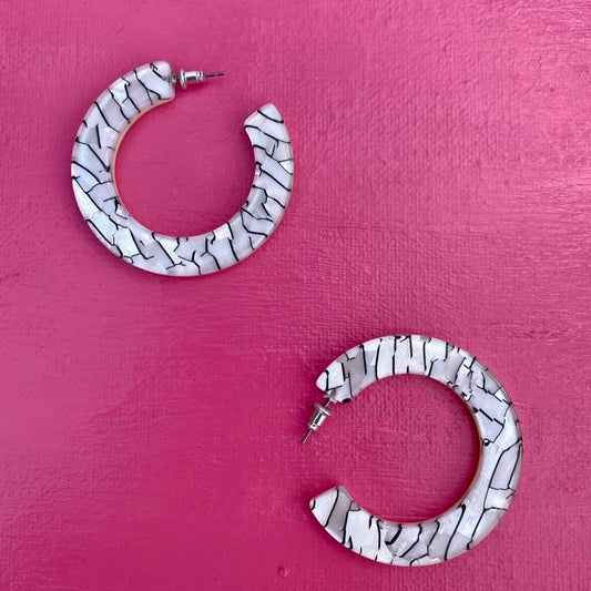 Posh Glam White & Black Marbled Resin Half Hoop Earrings