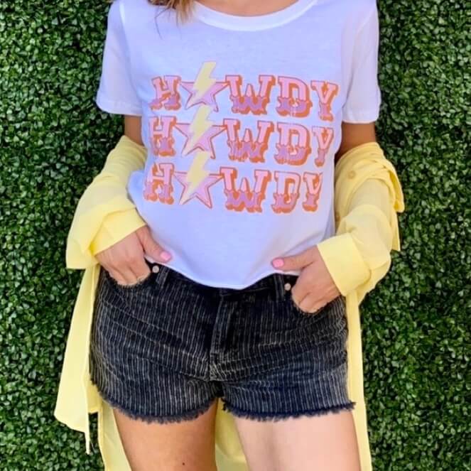 casual yellow outfits . graphic tee with corduroy shorts
