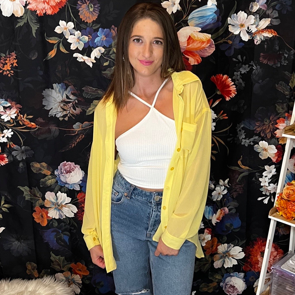 yellow button down blouse 