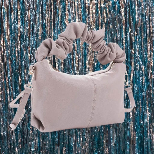 Chicest Moments - 90's Style Taupe Scrunched Handle Hand Bag With Extended Strap