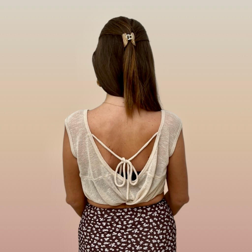 Women's gauze top. Neutral colored women's flowy blouse. Open back top