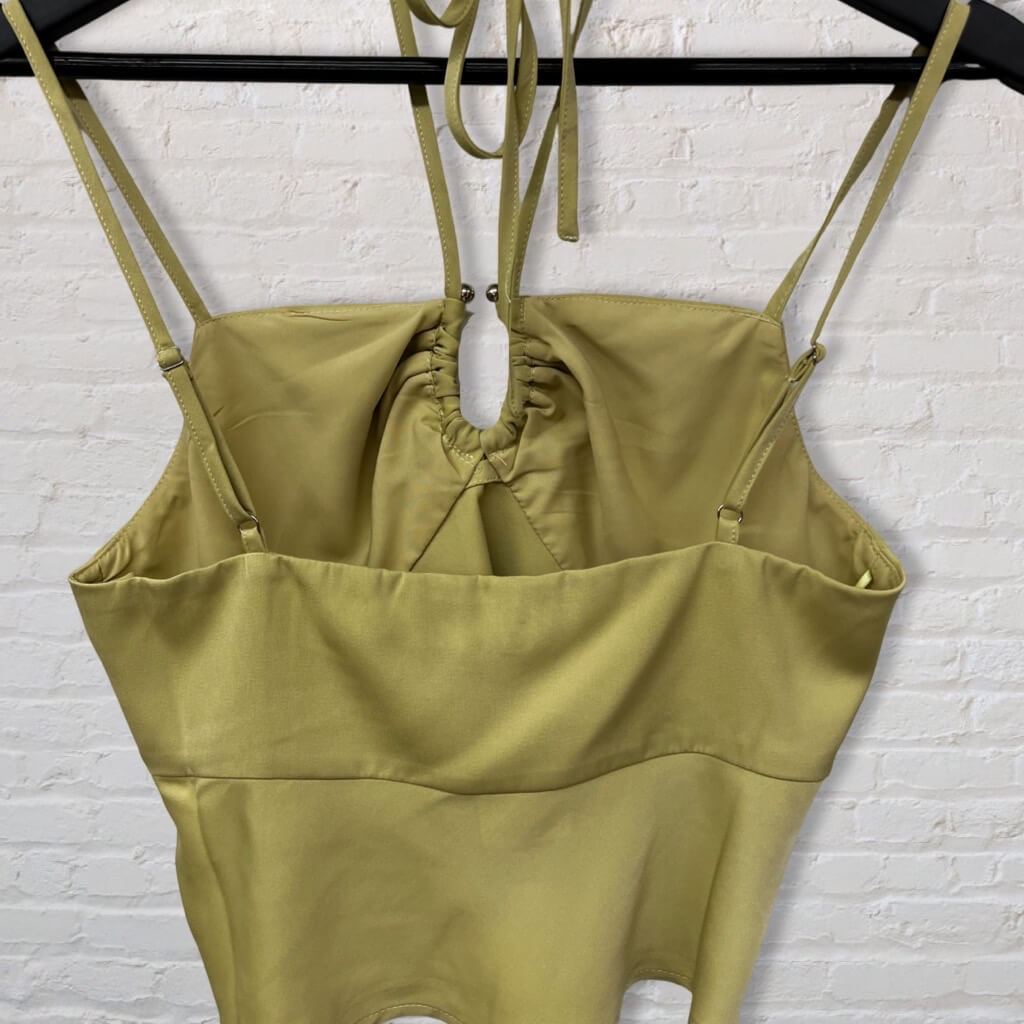 green silk blouse. cute strappy halter top. 