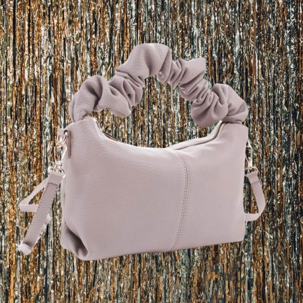 Chicest Moments - 90's Style Taupe Scrunched Handle Hand Bag With Extended Strap